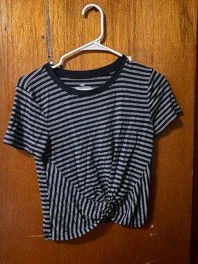Hollister Cropped Navy & White Striped Tee